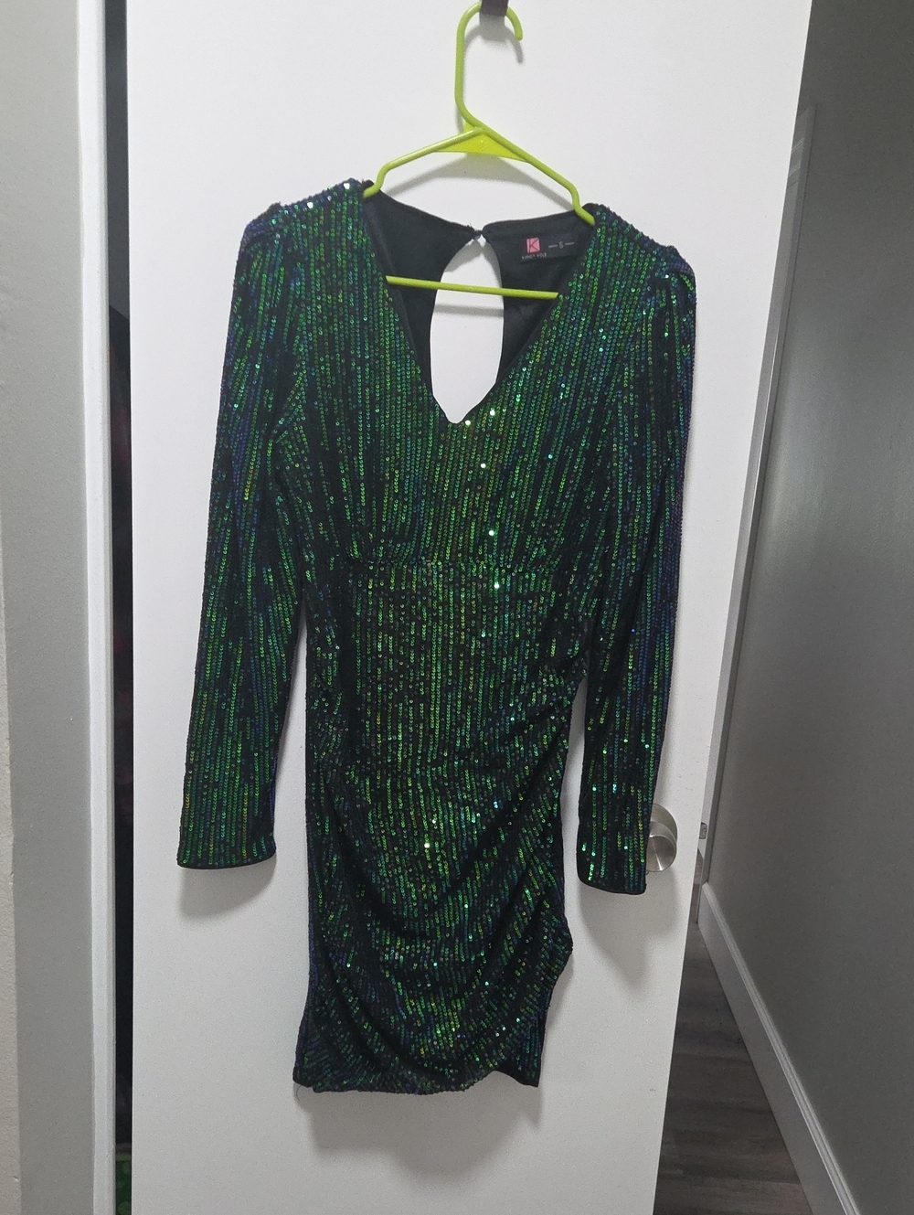 Sequin V-Neck Mini Dress in Emerald and Black